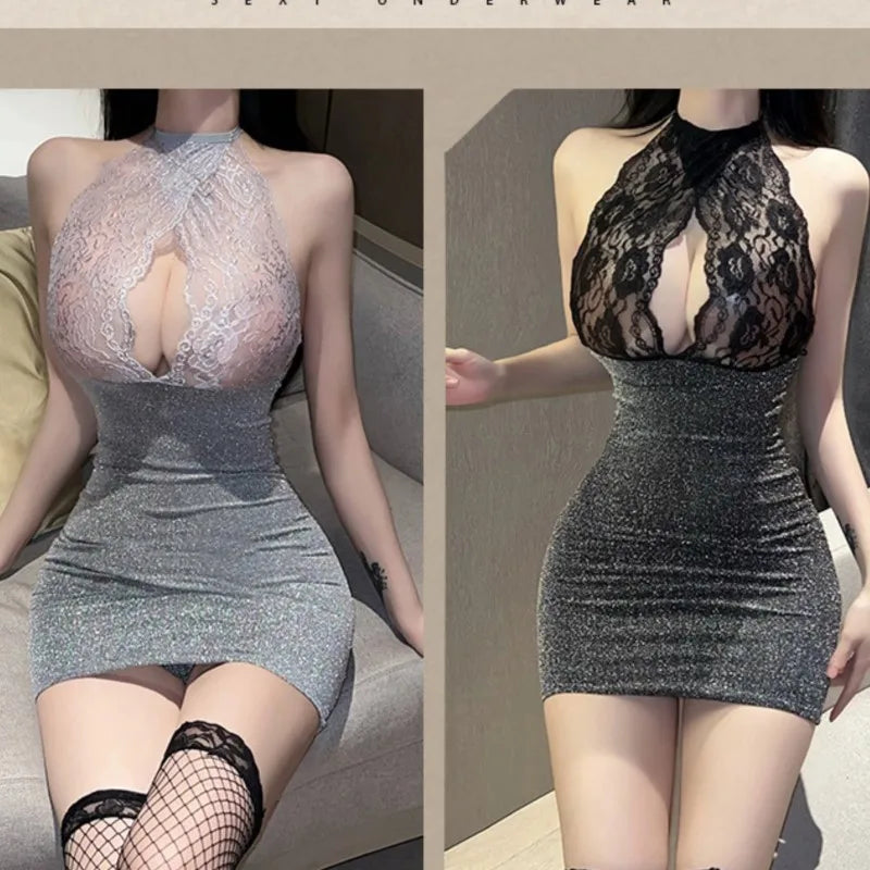 Hot Dress Lace lace hanging neck revealing breast deep V-wrap hip skirt Elegant evening dress woman Woman clothing Youth dresses - Seprincess