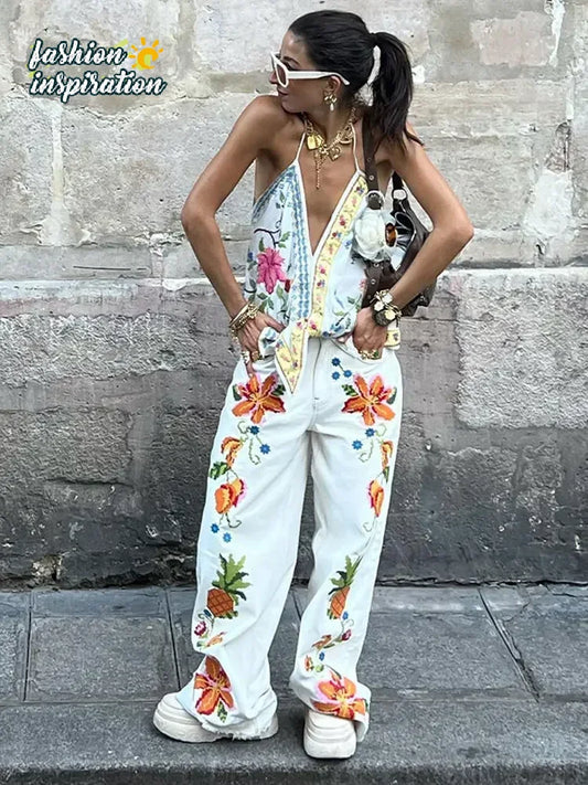 Women Holiday Casual Printed Two Piece Set Fashion Sleeveless Halter Tops And Wide Leg Pants Set Female Loose Street Outfits New - Seprincess