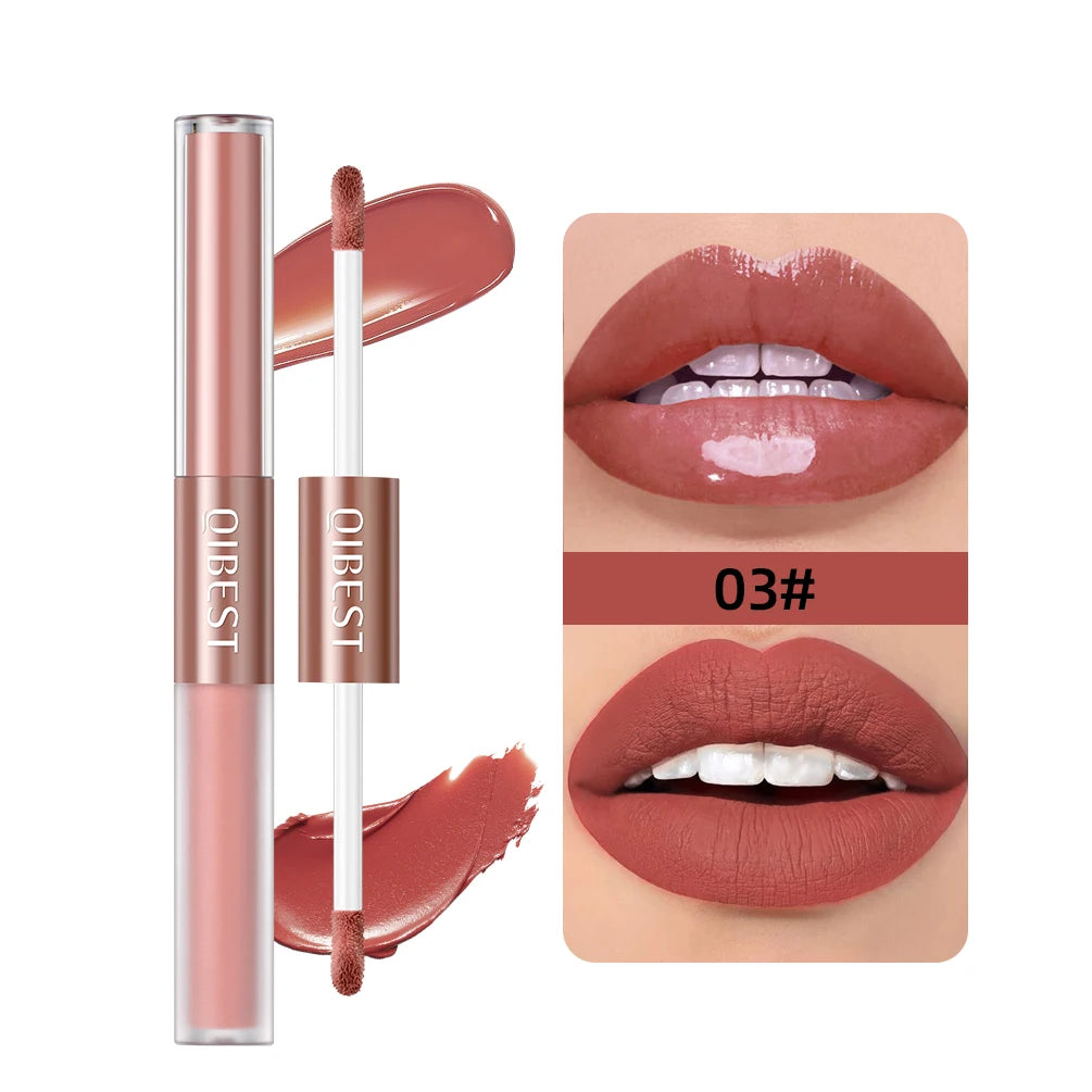 QIBEST 2023 New Double Head Matte Velvet Liquid Lipstick Waterproof Double End Mirror Lip Glaze Moisture Lip Makeup 2 In 1 Stick