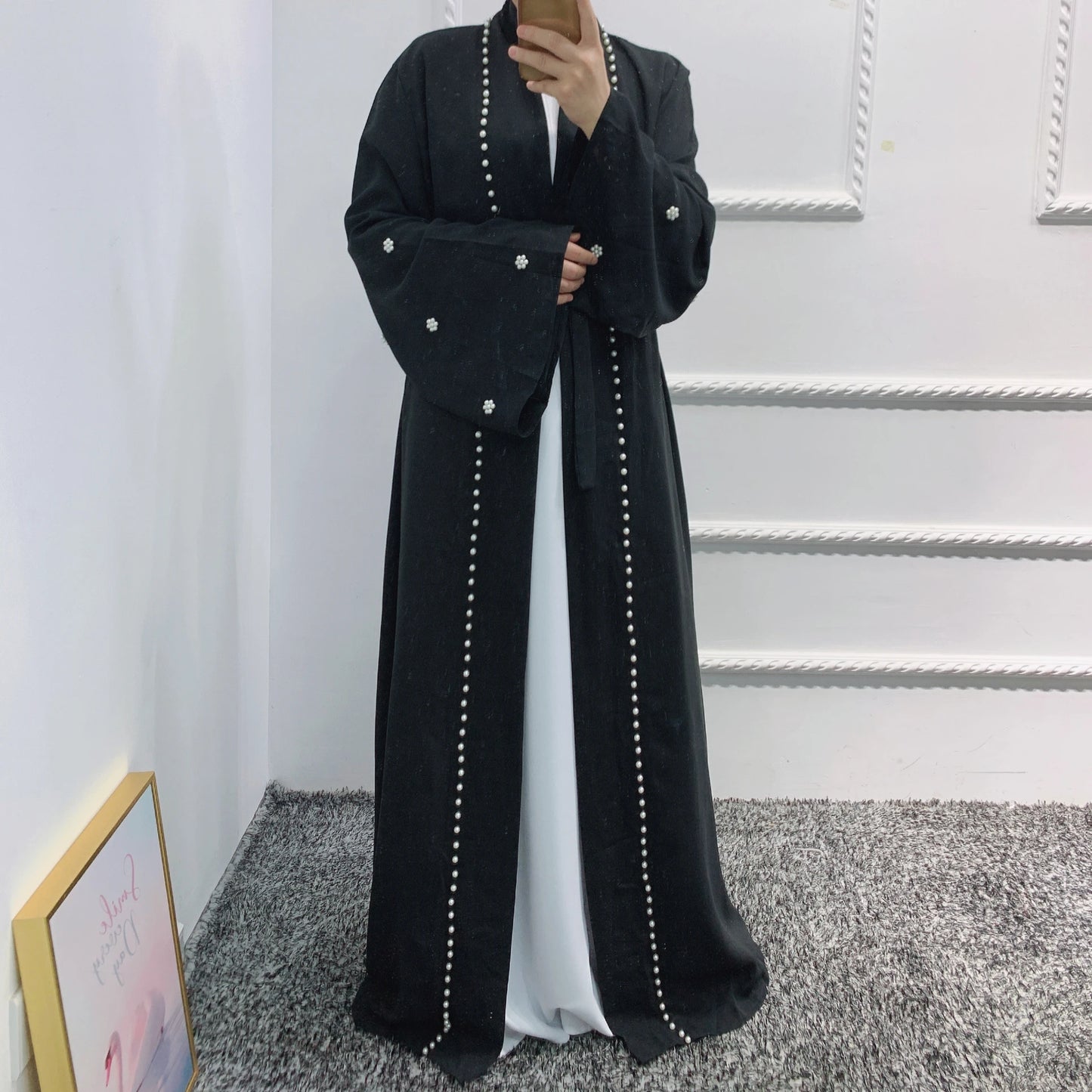 Fashion Muslim Womens Black Open Front Abayas For Party 2024 Beading Dubai Dresses Ladies Islamic clothes Turkey Caftan LR444 - Seprincess