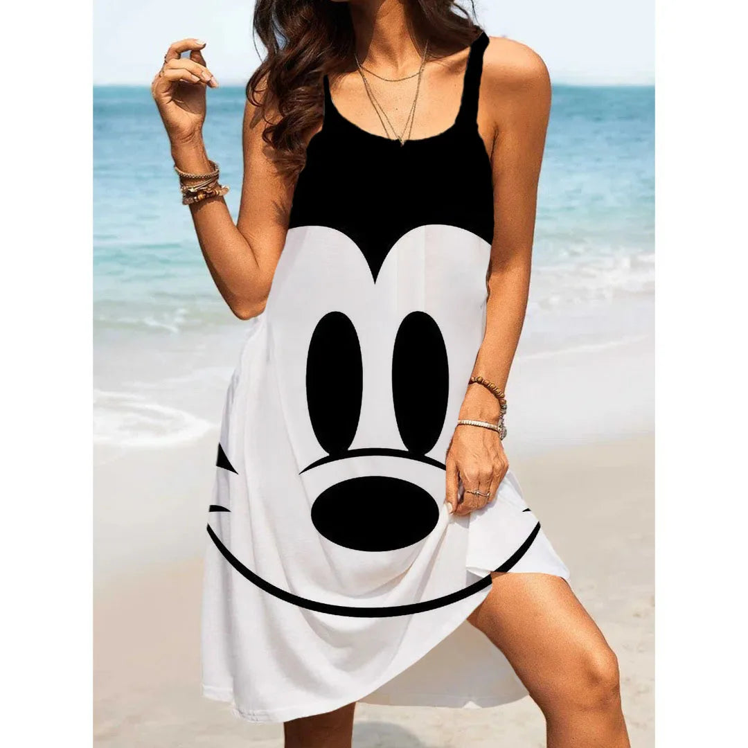 Women's Summer Casual Swinging Strap Beach Dress Disney Mickey Mouse Print Plus Size Loose Sexy Open Back Dress - Seprincess