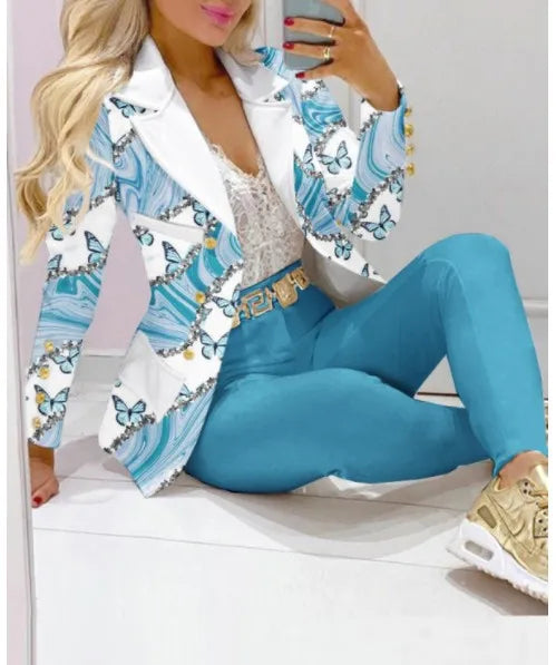 Autumn Winter New Printed Suit Long Sleeve For Women's Suit Fashion Color Matching Slim Elegant Female Office 2 Piece Set 2023 - Seprincess