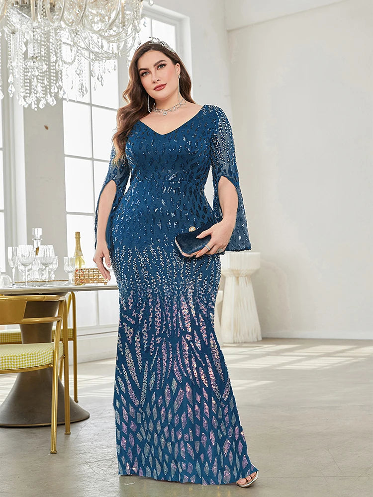 XUIBOL Plus Size Elegant Sequin Blue Evening Dress 2024 Women Formal Maxi Prom Long Sleeves Party Dress Luxury Cocktail Dress