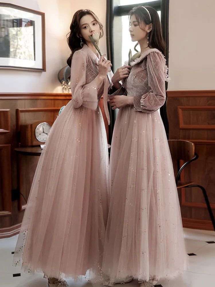 Autumn Winter Bridesmaid Dress New Women's Long Sleeve Corduroy Lace Splicing Style Dress Wedding Sisters Group Evening Dresses - Seprincess