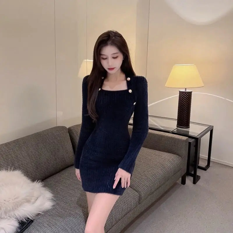 Fashion Korean Mini Dresses Female Autumn Winter 2024 Sexy Bodycon  Wrap White Short Women's Sweater Knitted One-piece Dress Hit - Seprincess