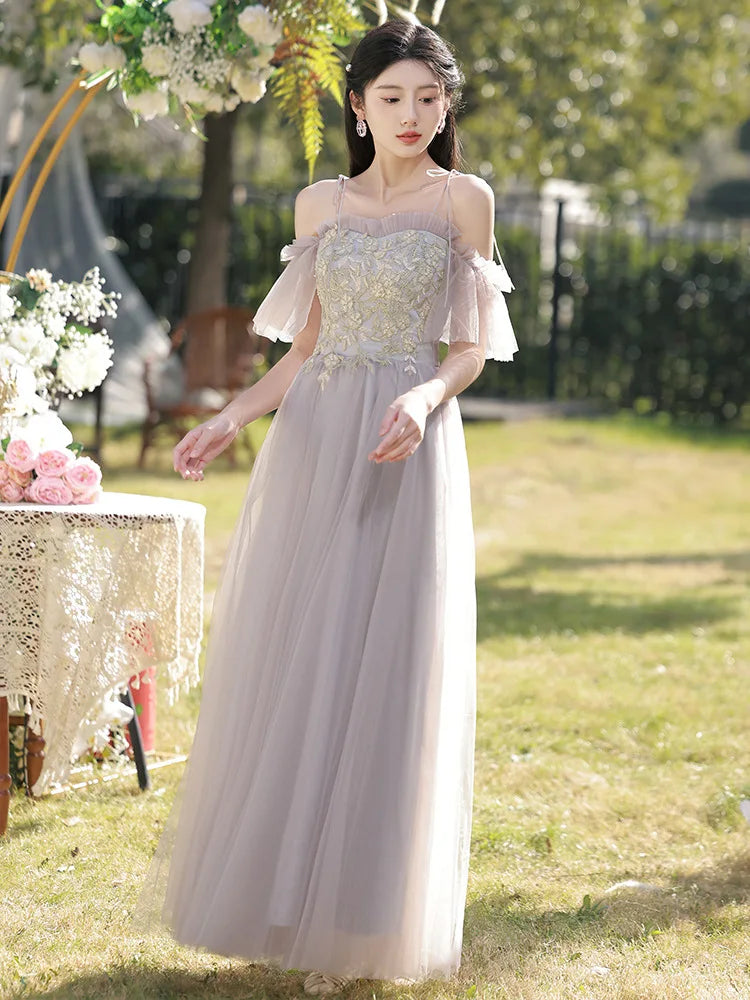 Temperament Grey Bridesmaid Dress Long Wedding Sisters Group Gown Elegant Applique Tulle Off Shoulder Banquet Party Vestido - Seprincess