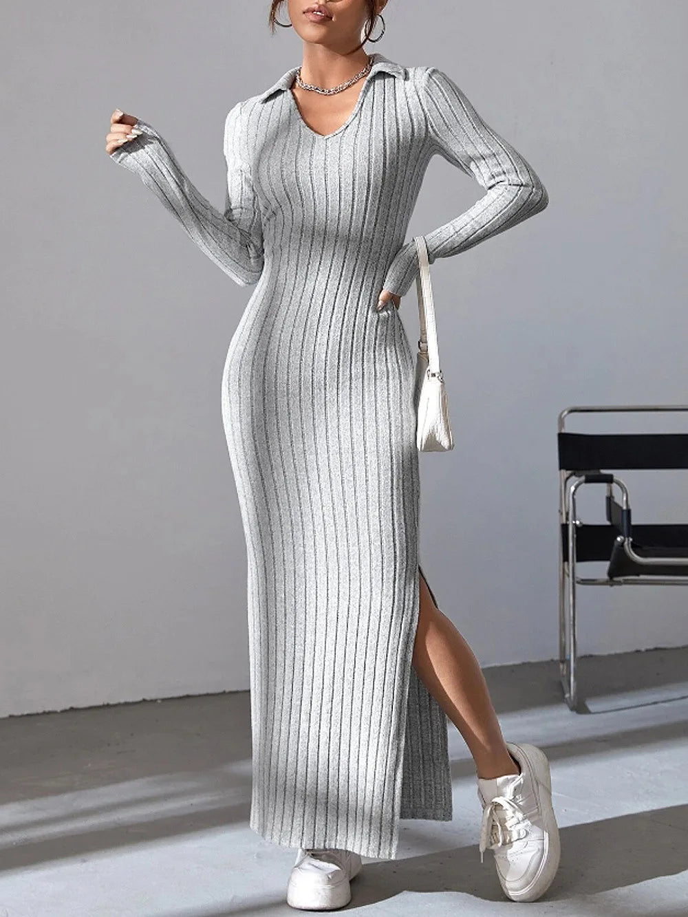 2024 Europe And The United States Autumn And Winter New Knitted Slim-Fit Lapel Long Sleeve Pit Strip Solid Color Tight Dress - Seprincess