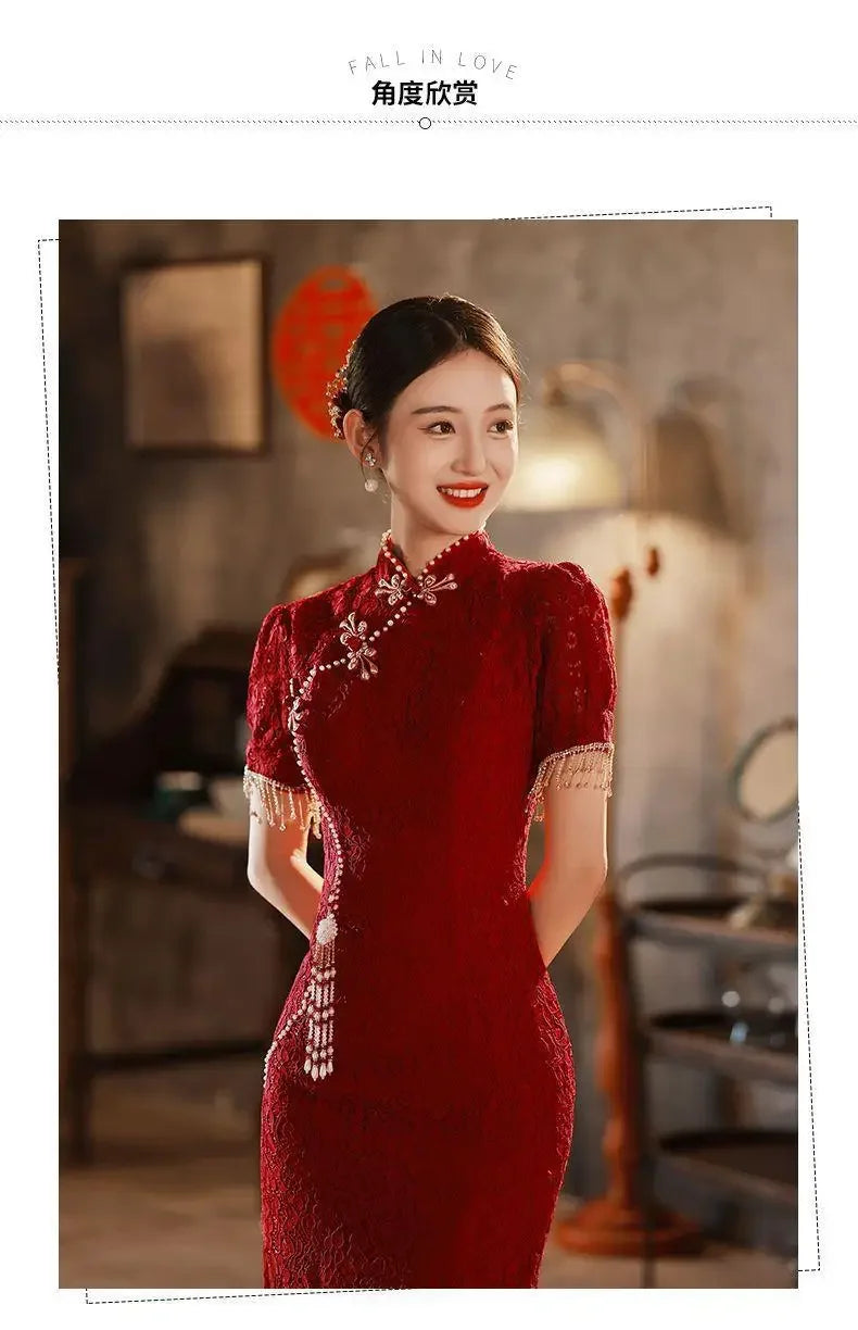 Mermaid Chinese Traditional Dress Red Wedding Bride Toast Clothing Sexy Ladies Cheongsam for Evening Party Woman Vintage Qipao - Seprincess