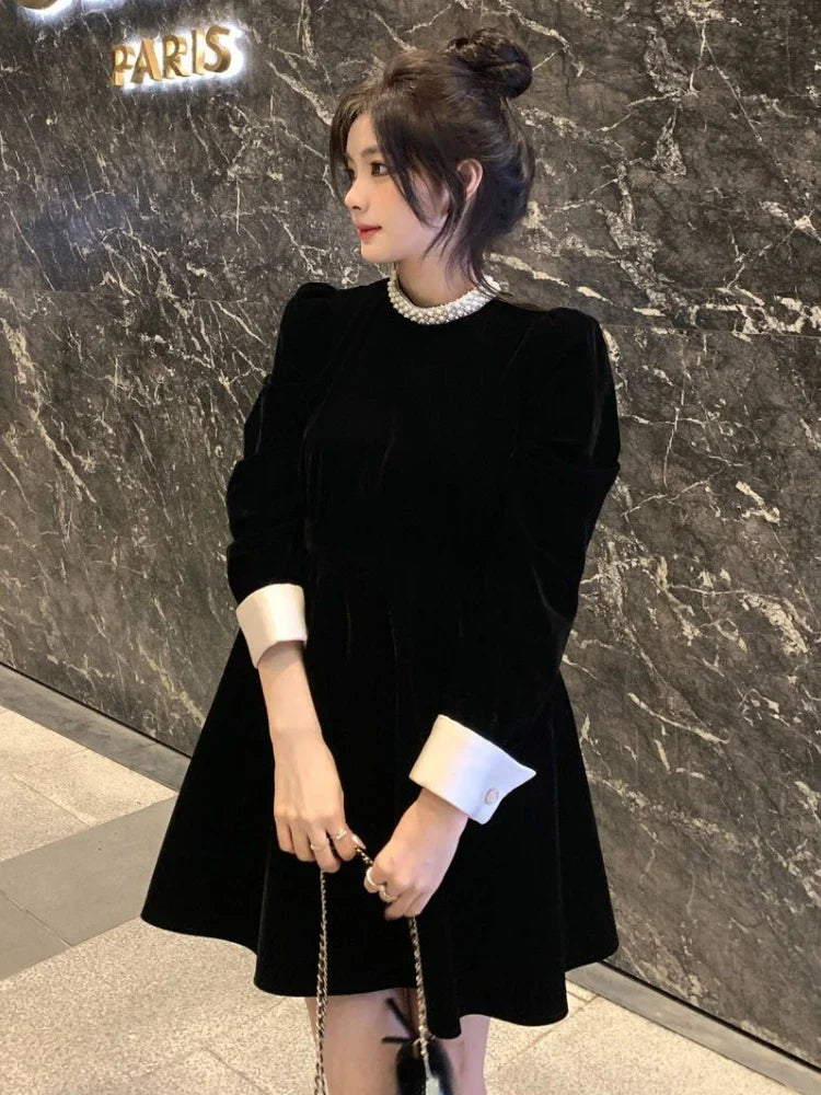 2024 Sweet Woman Party Dresses Korean Vintage Velvet Black Dress Patchwork Robe Elegant Clothes All Match Pearl Vestidos Mujer - Seprincess