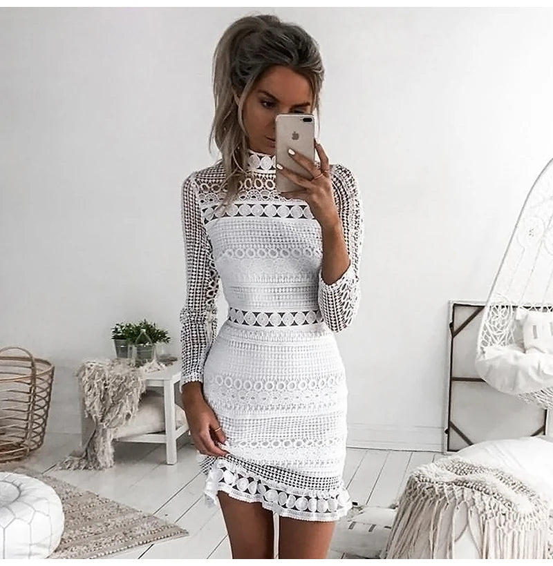 Summe Dress Sexy White Lace Short sleeve Stitching Hollow Out Party Dresses Elegant  Short Mini Spring Summer Long Sleeve - Seprincess