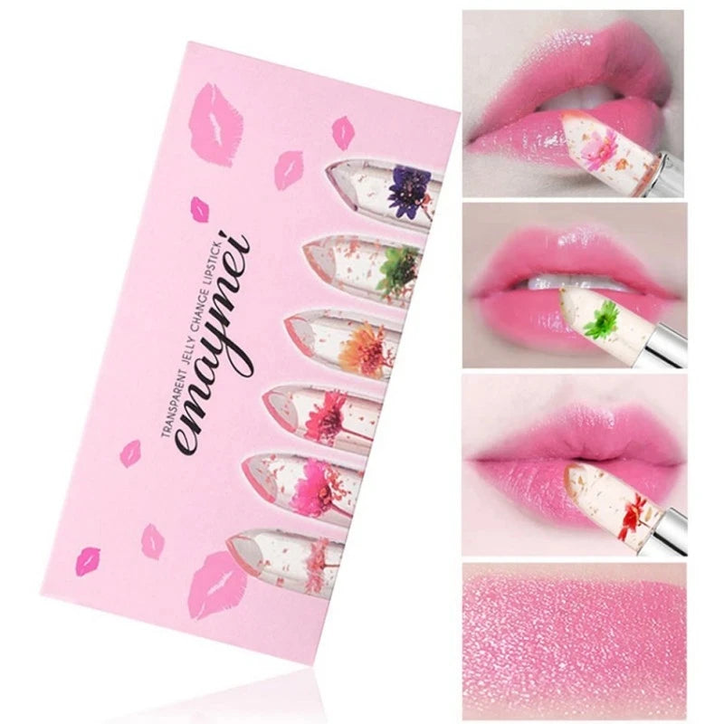 make up 6pcs Lipstick Set Flower Jelly Crystal Clear Long Lasting Lips Color Change Pink lip gloss Cosmetics - Seprincess