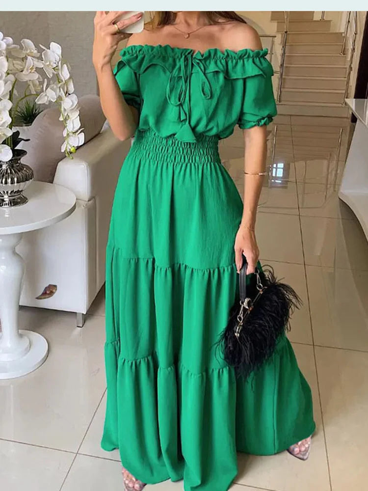 Elegant Solid Color Puff Short Sleeve Women Dress Ruffles Ong Shoulder Elastic Waistband Dresses Boho Style Robe Femme Vestidos - Seprincess