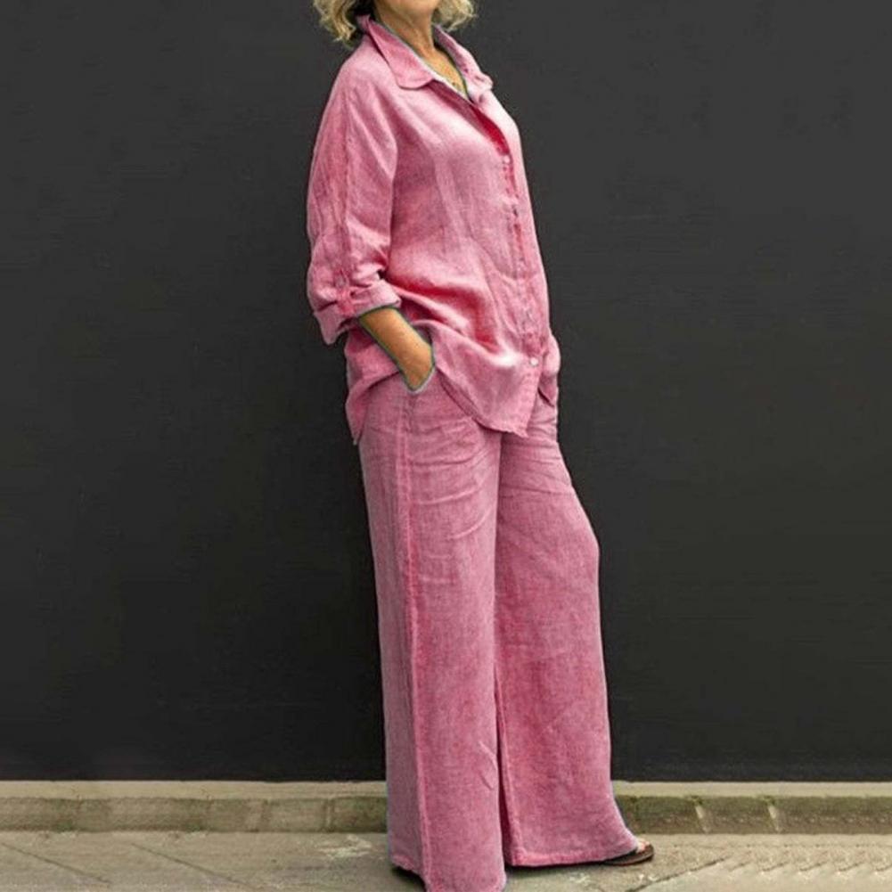 Women Cotton Linen Suits 2023 Elegant Solid Long Sleeve Shirt Wide Leg Trousers Two Piece Set Female Casual Straight Pants Suits - Seprincess