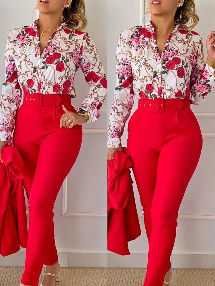 Elegant Women Shirt Two Piece Set Suits Fall New Fashion Print Long Sleeve Top Black Pants Set With Belt Blouses Female Clothing - Seprincess