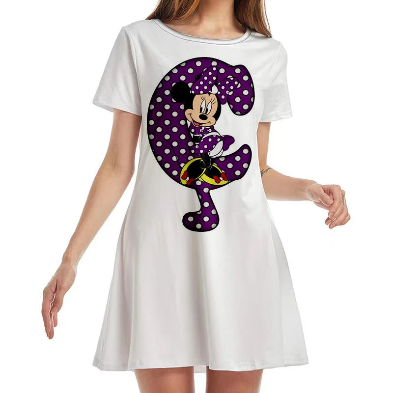 New Disney Minnie Mouse Anime Print Summer 2022 Ladies Sexy Round Neck Boho Beach Dress Ruffle Short Sleeve Mini Dress Y2K - Seprincess