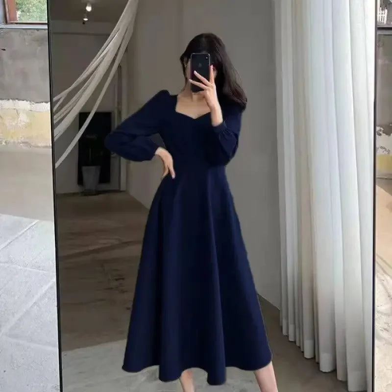 Spring 2022 New Vintage V-neck Long Black Dress Women's Elegant Legging Dress Hebon Style - Seprincess