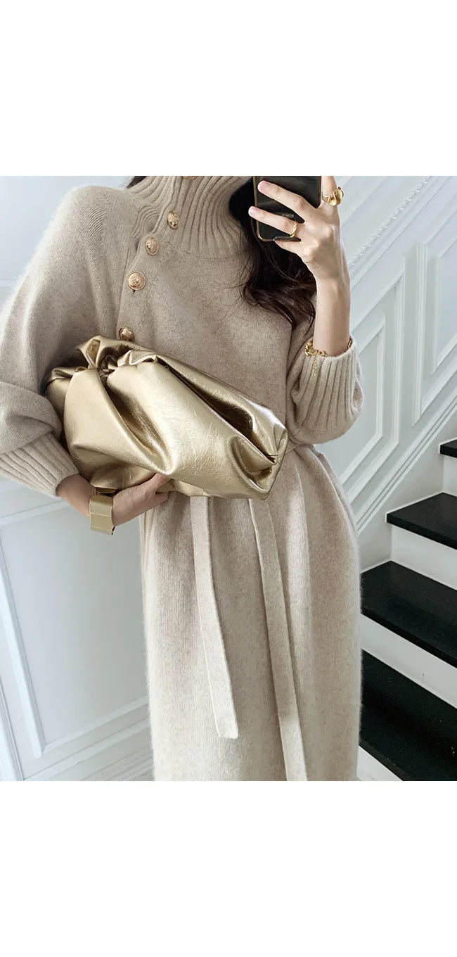 Women Dress Full Sleeve Button Irregular Long Dresses Turtleneck Party Slim Fit Lace Up Tight High Waist Elegant Vestidos - Seprincess