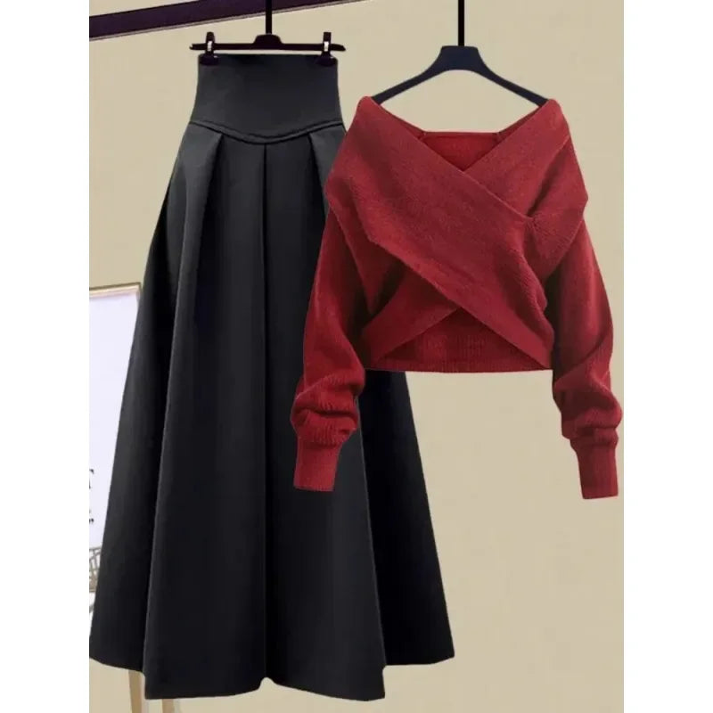 Autumn Winter Skirt Sets For Women Outfits Korean Casual Knitwears Pullover Sweater And High Waist Skirts Two Piece Sets N432 - Seprincess