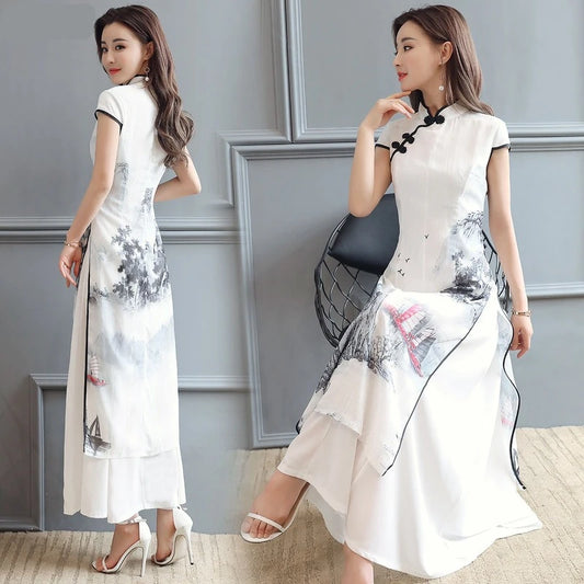 Women Chinese Traditional Hanfu Landscape Painting Cheongsam White Dance Dress Qipao Chiffon Robe Vintage Chinese Style Dresses - Seprincess