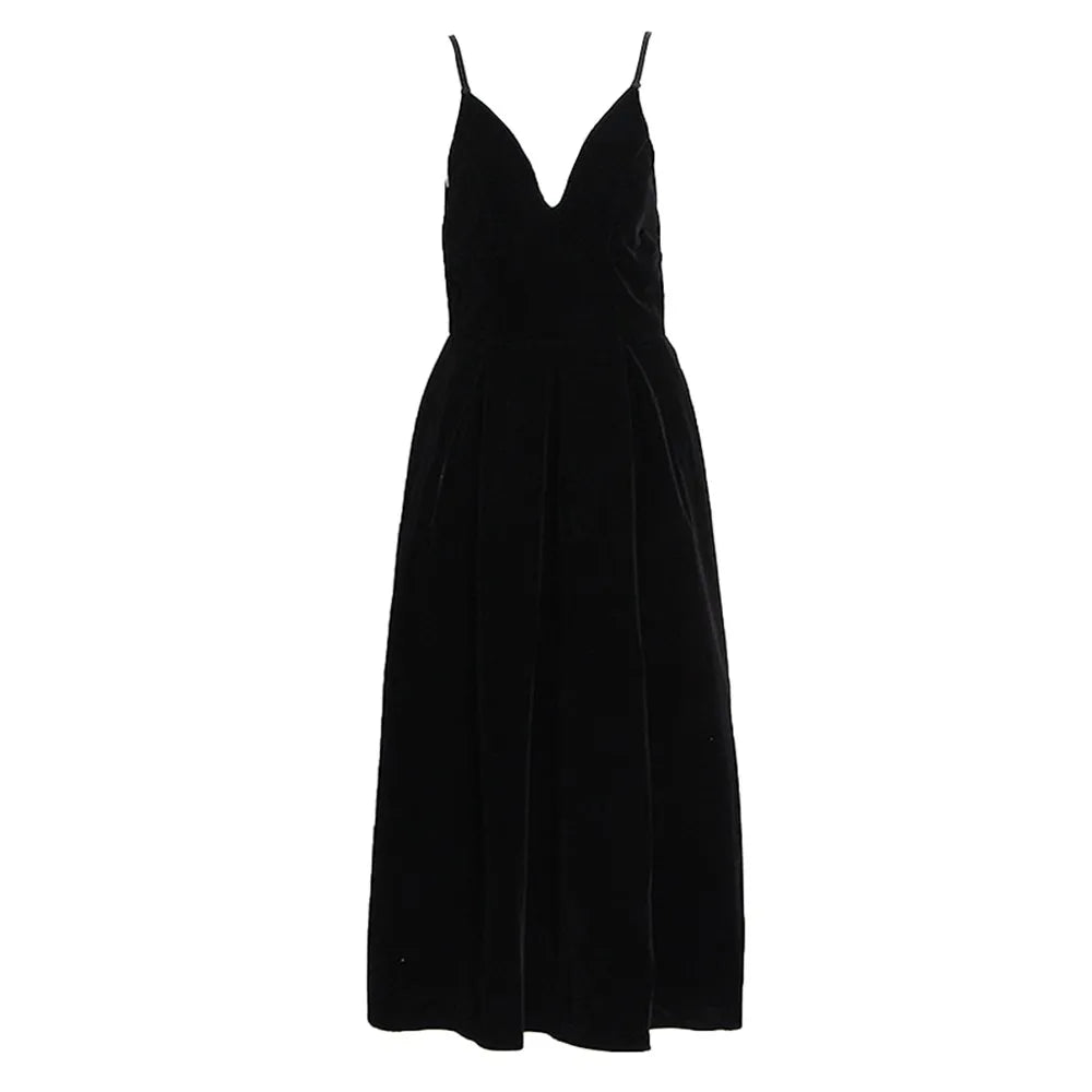 KBQ Backless Velvet Black Camisole Dress For Women V Neck Sleeveless Off Shoulder High Waist A Line Dresses Female Clothes New - Seprincess