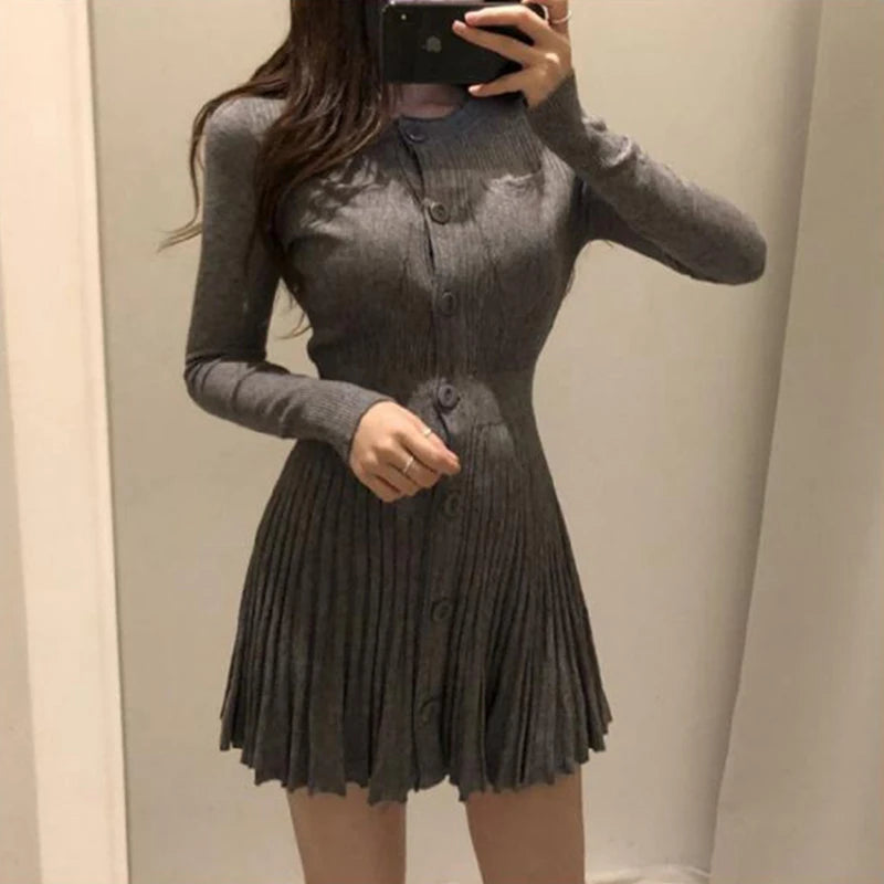 MEXZT Knitted Pleated Mini Dress Women Vintage Black Sweater Dresses Winter Korean Elegant Long Sleeve Pink Bodycon Vestidos New - Seprincess