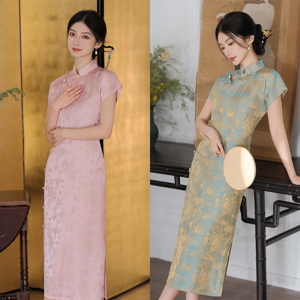 2024 Womens Qi pao Jacquard Modern Floral Plus Size Cheongsam Chinese Dress Short Sleeve Oriental Lady clothing S-XXL 23572 - Seprincess