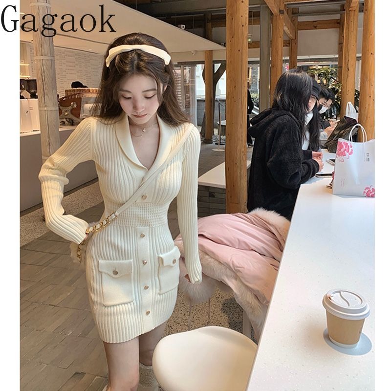 Gagaok Knitted Dress Women Spring Autumn New Solid Laple Full Pockets Mini Bodycon Dresses Slim Korean Winter Bottom Vestidos - Seprincess