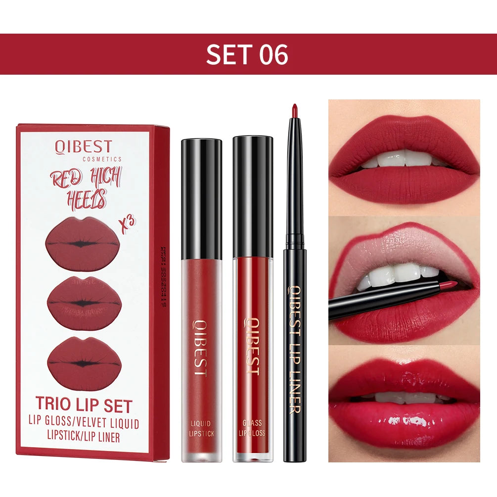 New 3pcs/set Liquid Lipstick+Lip Liner Long Lasting Cosmetic Black Brown Purple Red Matte Lip Gloss Nude Lip Tint Stain Makeup