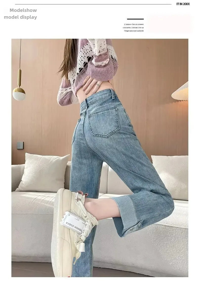 Grey Concrete Jeans Women's Loose-Fit High-Waisted Petite Straight-Leg Pants Summer Thin Style Casual Ladies Trousers