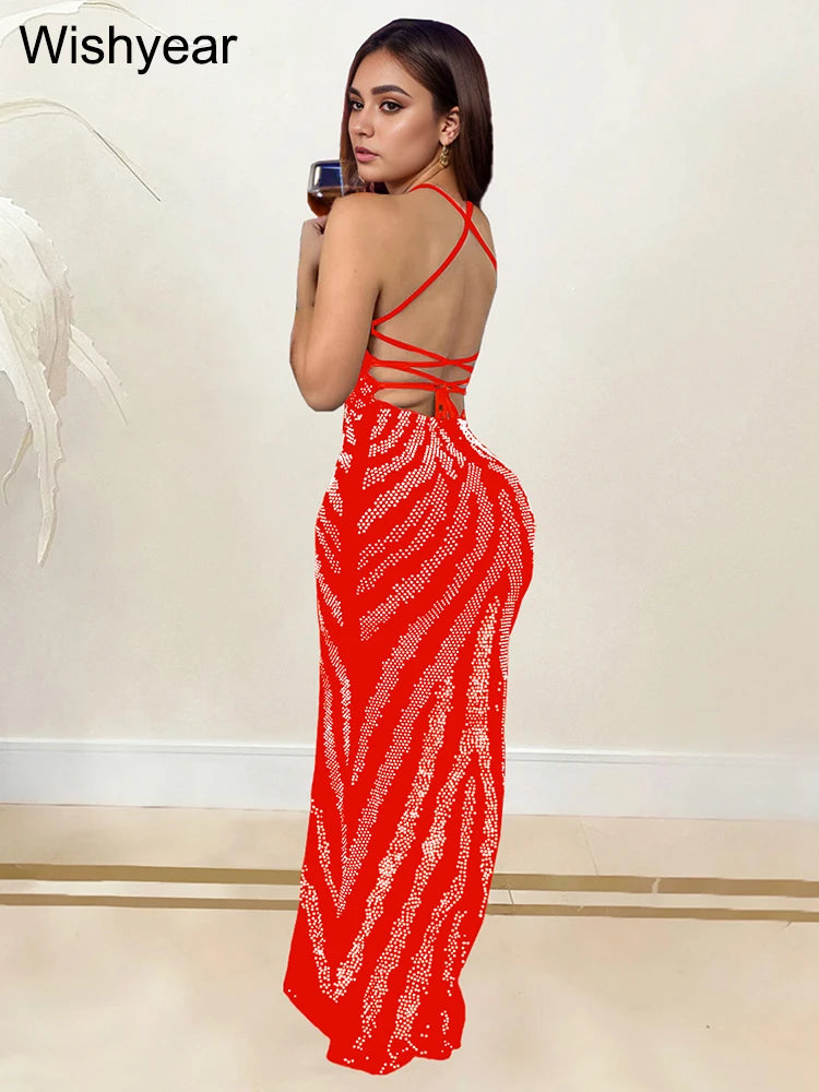 Wishyear Luxury Diamonds Rhinestones Spaghetti Strap Red Maxi Dress Women Wedding Evening Birthday Party Prom Vestidos Elegant - Seprincess