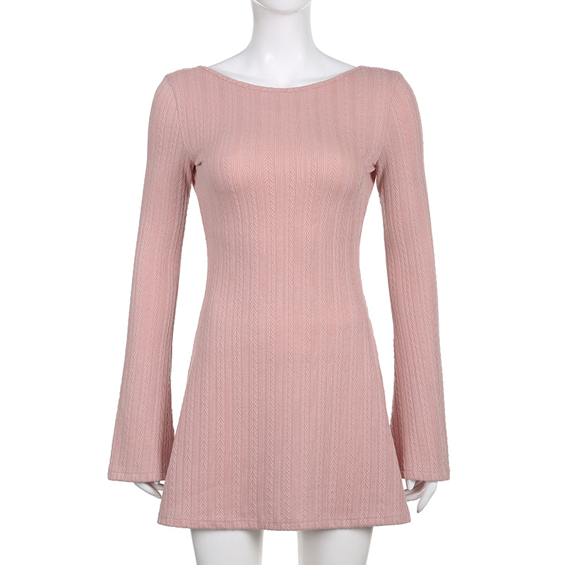 Women Casual A-line Mini Dress Autumn Elegant Long Sleeve Crew Neck Backless Solid Color Short Dresses for Office Lady Dailywear - Seprincess