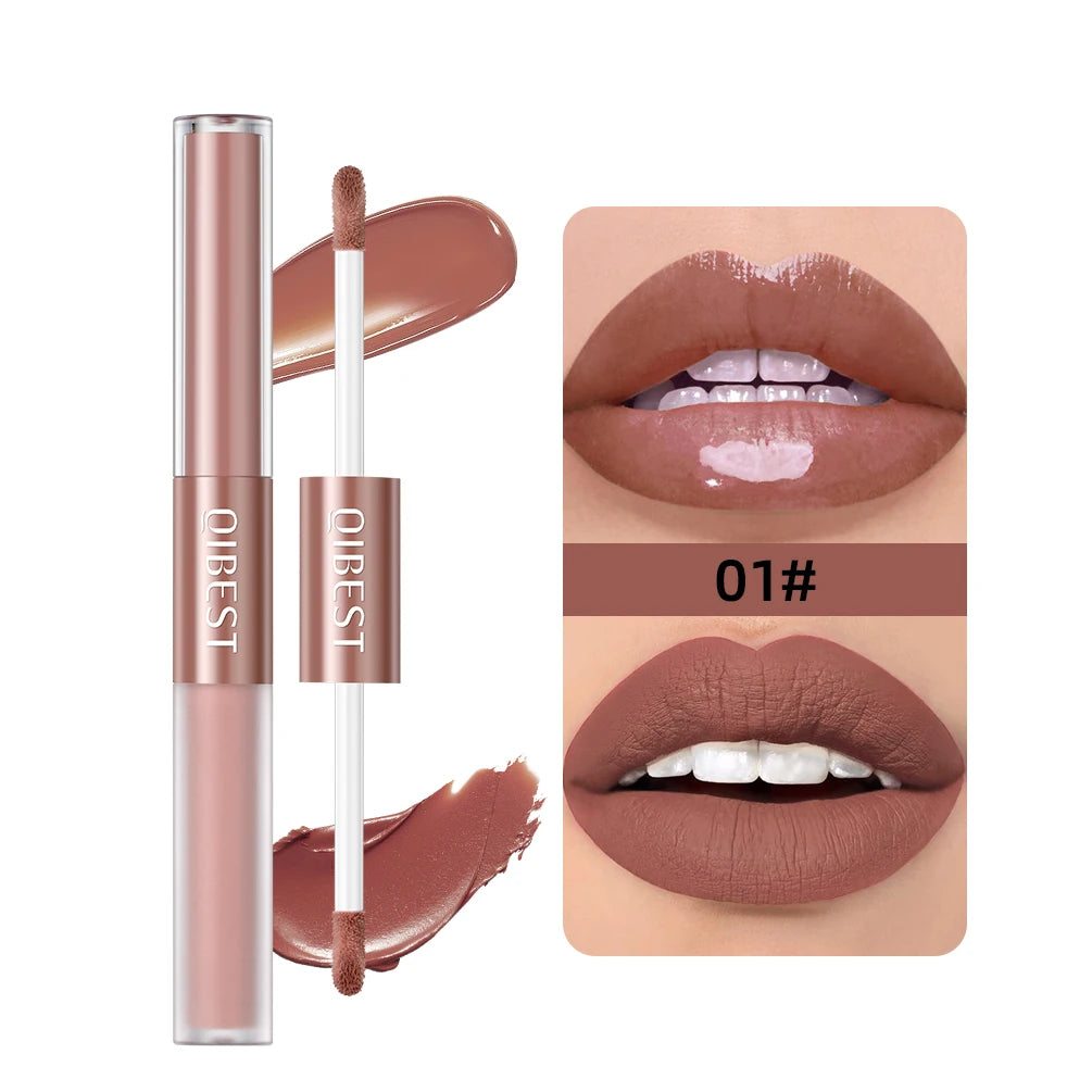 QIBEST 2023 New Double Head Matte Velvet Liquid Lipstick Waterproof Double End Mirror Lip Glaze Moisture Lip Makeup 2 In 1 Stick