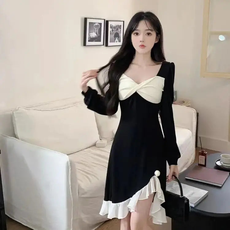 Spicy Girl Irregular Black Long Sleeved Dress Plus Size Women's Clothing Fat Mm Slimming Dress Black Dress High-end - Seprincess