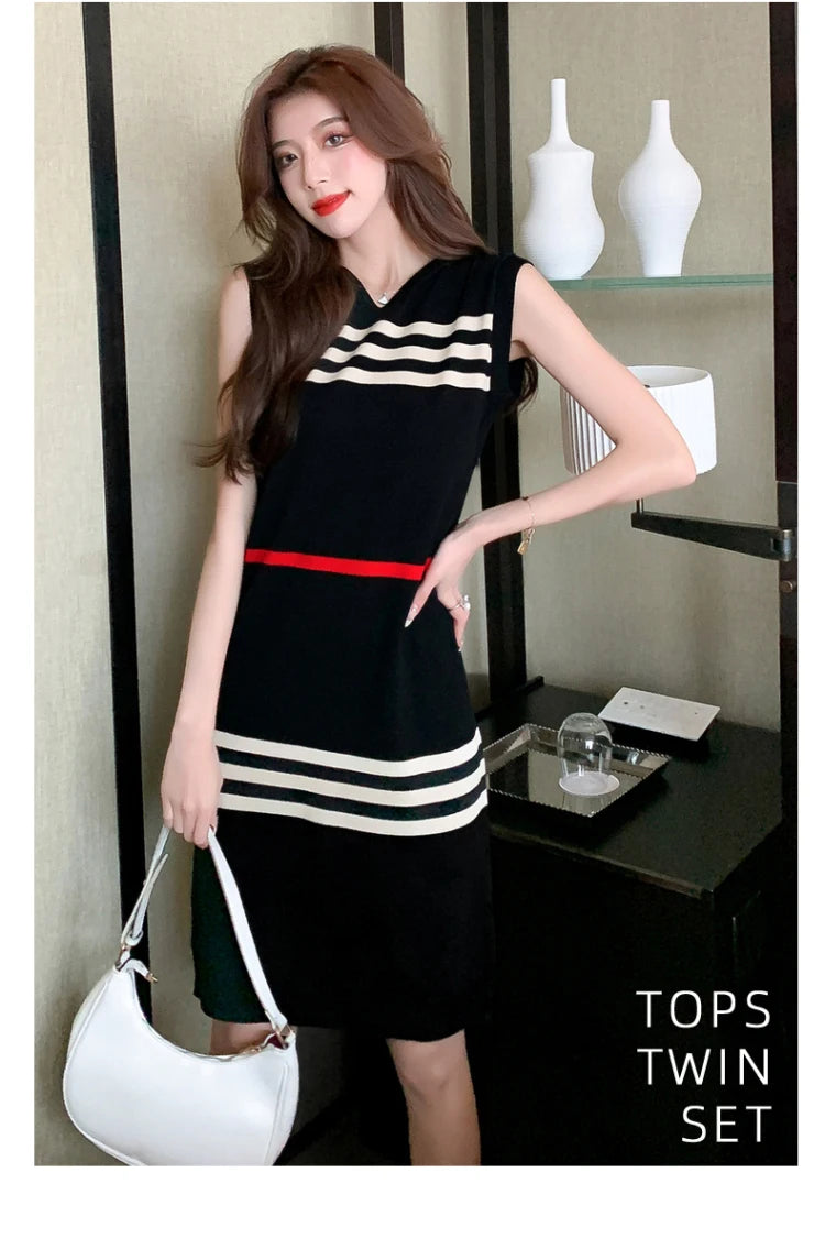 YUQI Basic Striped Knitted Dress Summer Casual Loose Hooded Sleeveless Knee-Length Dresses for Women 2024 Elegant Sweet Vestidos - Seprincess