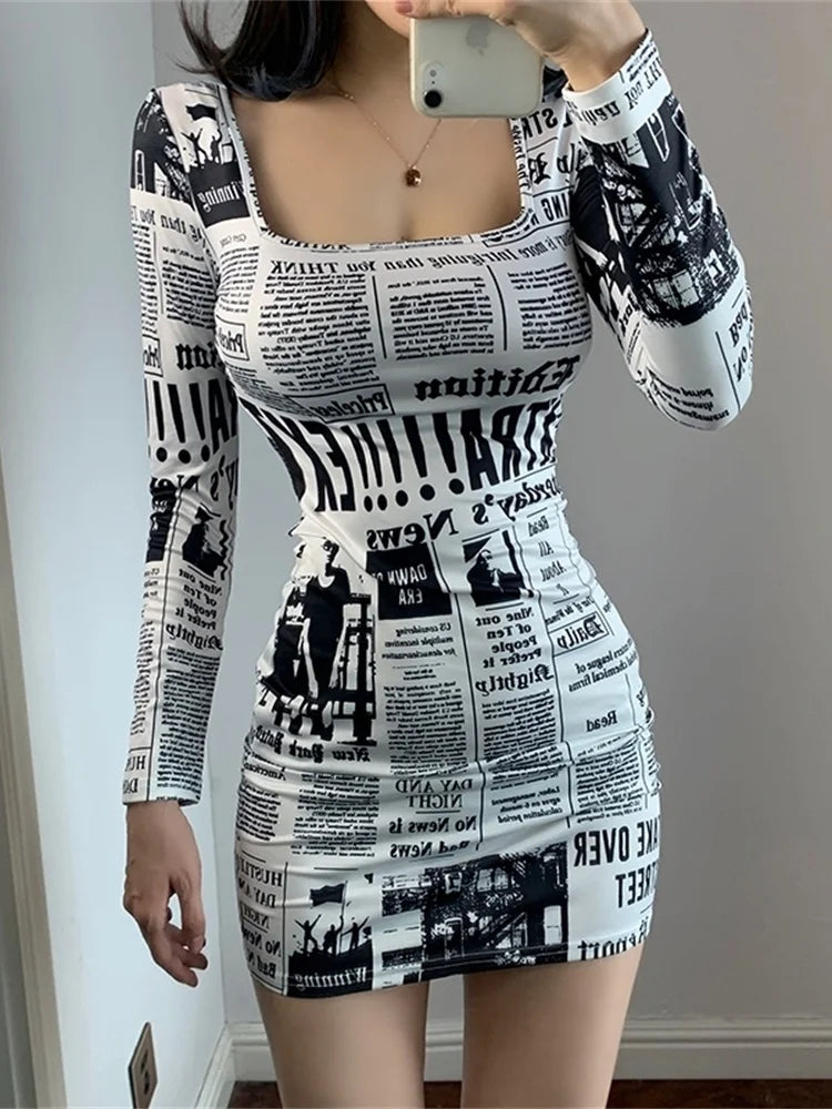 Hot-selling Printed Europe Newspaper Sexy Mini Dress 2020 Autumn New Fashion Street Shooting Slim Girl Female Square Collar ZW0 - Seprincess