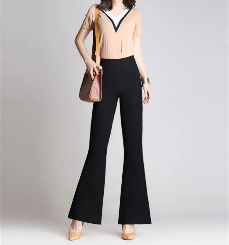 Autumn Winter Office Lady Fashion Long Flare Pants Solid High Waist Elastic Band Slim 4XL Professional Woman Wide Leg Trousers