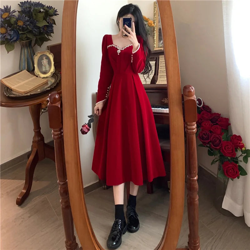 Burgundy Velvet Prom Dresses Square Collar Long Sleeve Pearl Crystal Long Engagement Dress Plus Size Female Formale Gowns - Seprincess