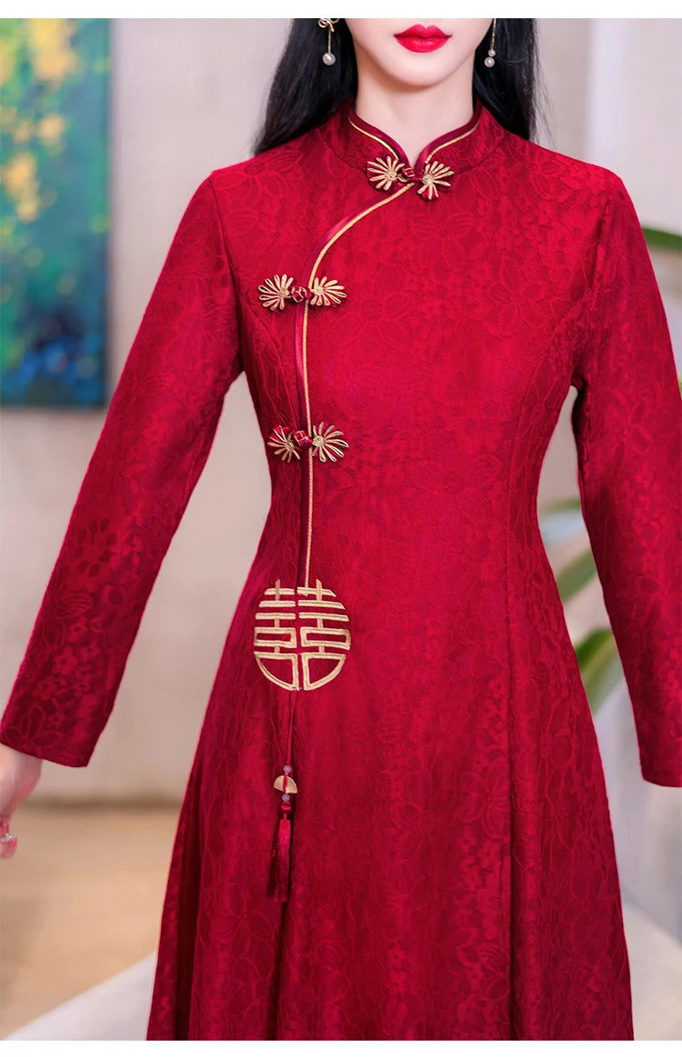 Retro Chinese Traditional Red Wedding Qipao Dress Modern Improved Long Sleeve Embroidered Cheongsam Plus Size Women Clothing CNY - Seprincess