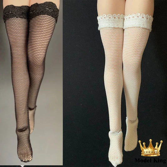 1/12 Scale Female Fashion Trend Sexy Black White Two Color Perspective Lace Fishing Net Thigh Socks 6" Action Figure Body Model