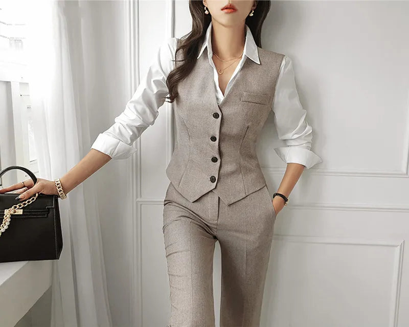 Korean Fashion Women Blazer 3 Pcs Vintage Long Sleeve Suit Jackets Vest and Straight Pants Suit Female Chic Business Outfits New - Seprincess