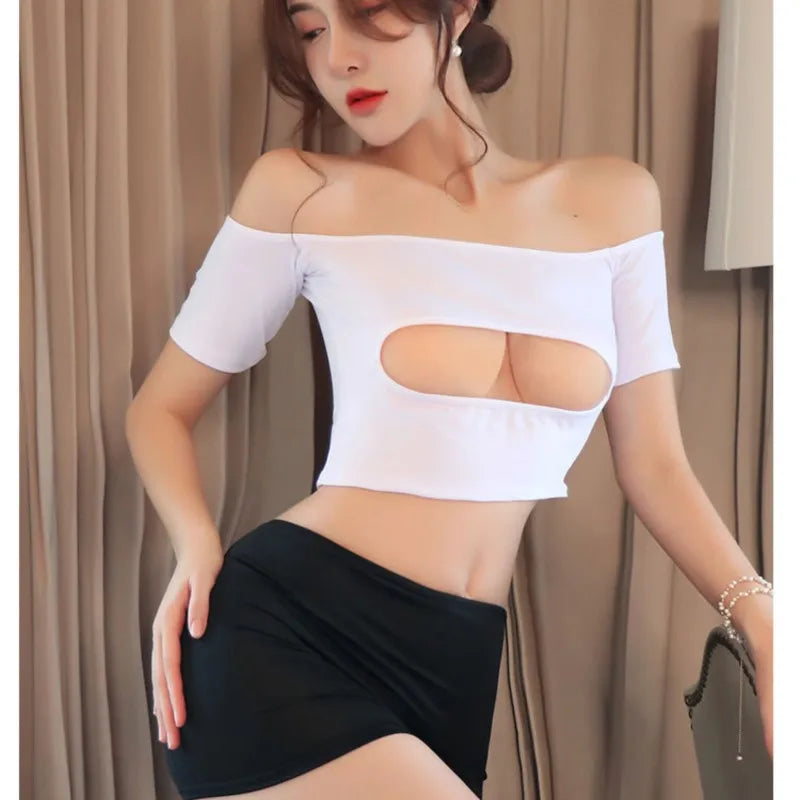 Erotic lingerie Shoulderless Temptation Deep V Bare Milk Two Piece Set women fancy underwear 18 sexy game train men tight xxx - Seprincess