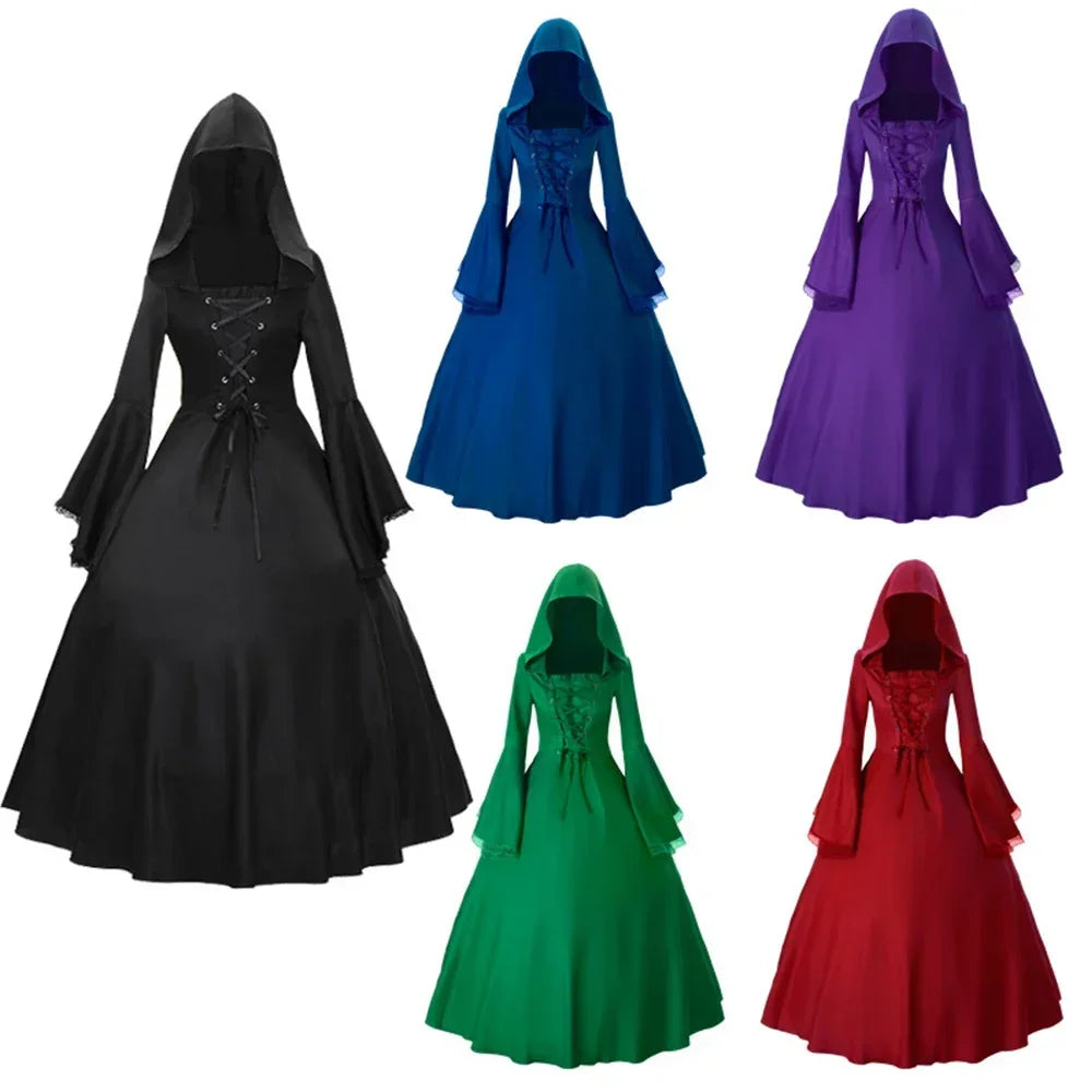 Women's Halloween Party Lace-up Cloak Cape Gothic Dresses Witch Charming Flare Sleeve Big Swing Medieval Hooded Dress Costumes - Seprincess