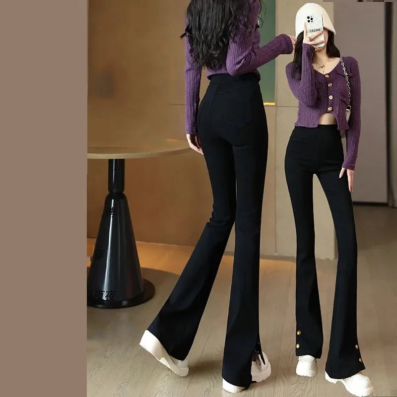 New Autumn Winter Pants High Waist Women Vintage Flared Pants Fashion Long Trousers Solid Slim Split Casual Pants Fur & Normal