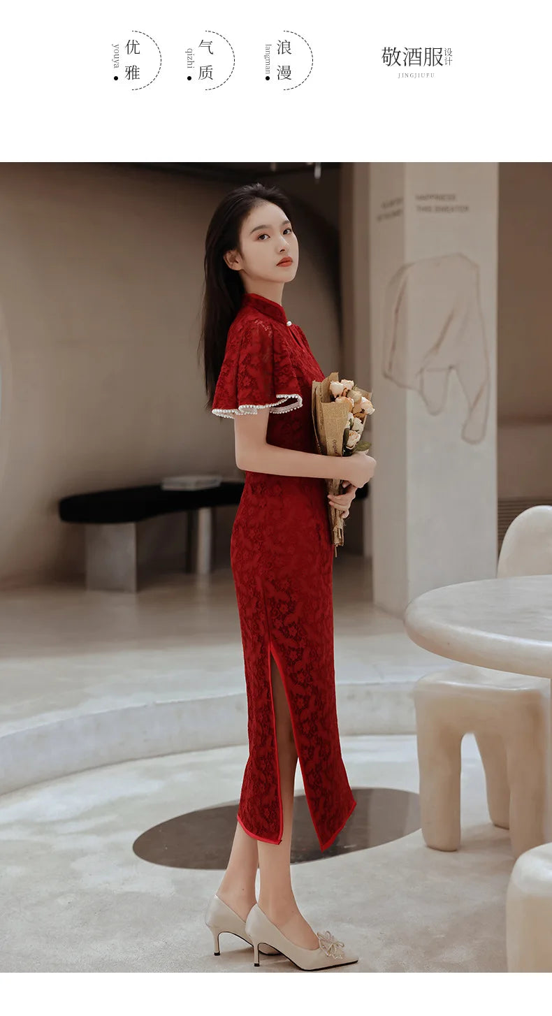 Red Cheongsam Chinese Women Lace Qipao Long Quipao Chinese Traditional Clostume Wedding Party Evening Dress Clothes - Seprincess