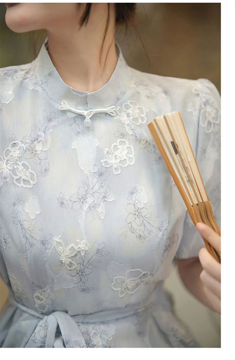 High Quality 2023 New Women Cheongsam Dress Embroidery Slim Elegant Long Qipao Chinese Style Wedding Dress Fashion Blue - Seprincess