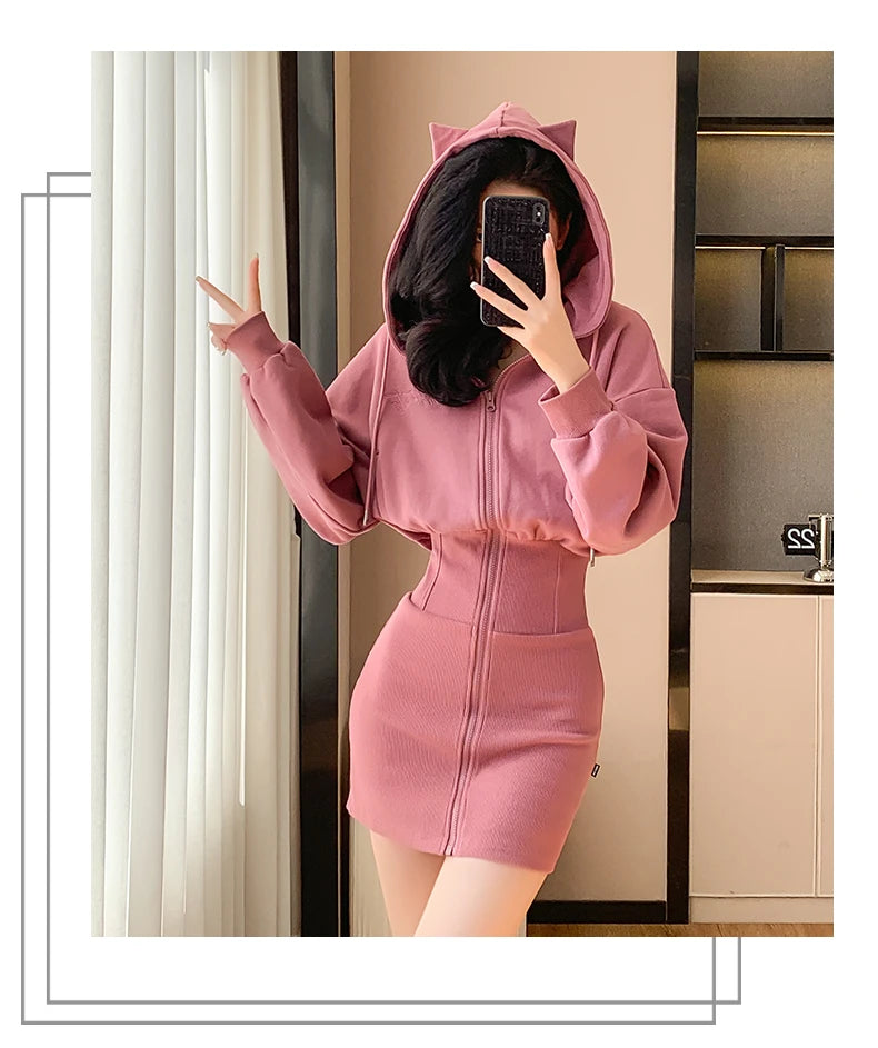 Korean Fashion Hoodie Dress Women Autumn Winter Long Sleeve Cat Ear Mini Dress Bodycon Dress Vestidos - Seprincess