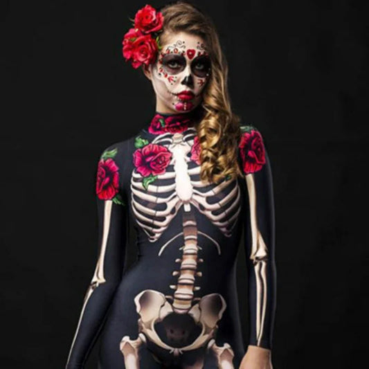 Women Cosplay Skeleton Rose Sexy Bodysuit Halloween Devil Ghost Specter Jumpsuit Romper Party Carnival Performance Scary Costume - Seprincess