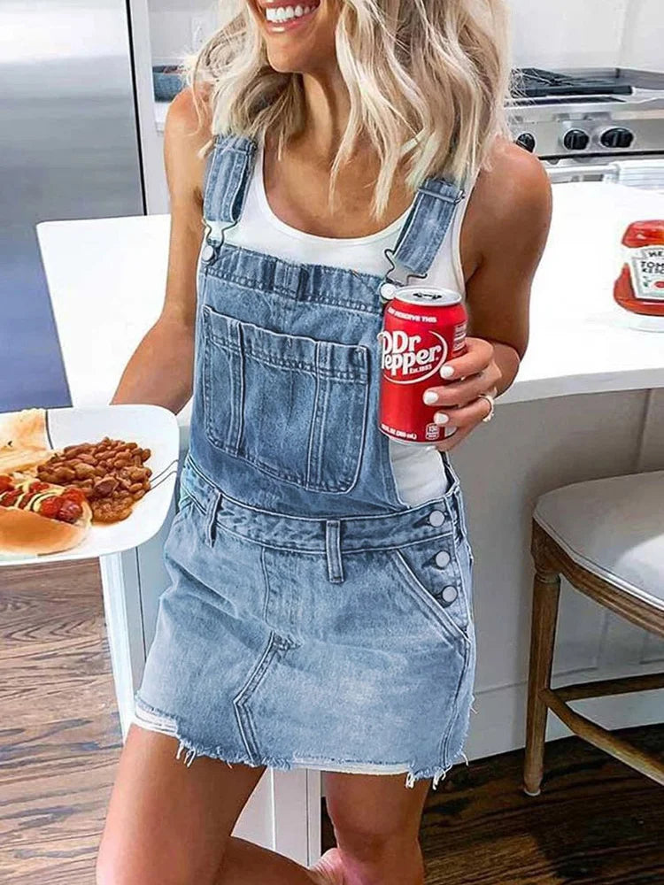 Women's Frayed Hem Adjustable Strap Denim Overall Dress Classic Casual Mini Jean Dresses Pocket Sleeveless Suspender Short Skirt - Seprincess