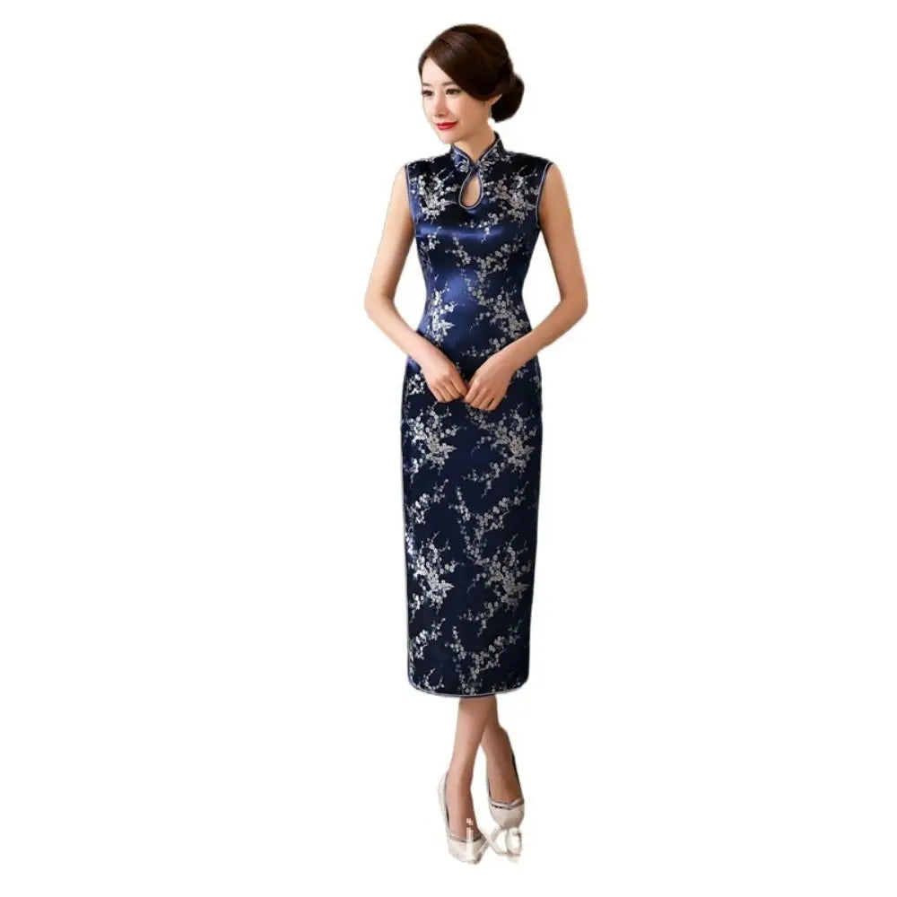 Floral Print Cheongsam Dresses Mandarin Collar Vintage Bodycon Dresses Maxi Chinese Style Chinese Qipao Evening Dress - Seprincess