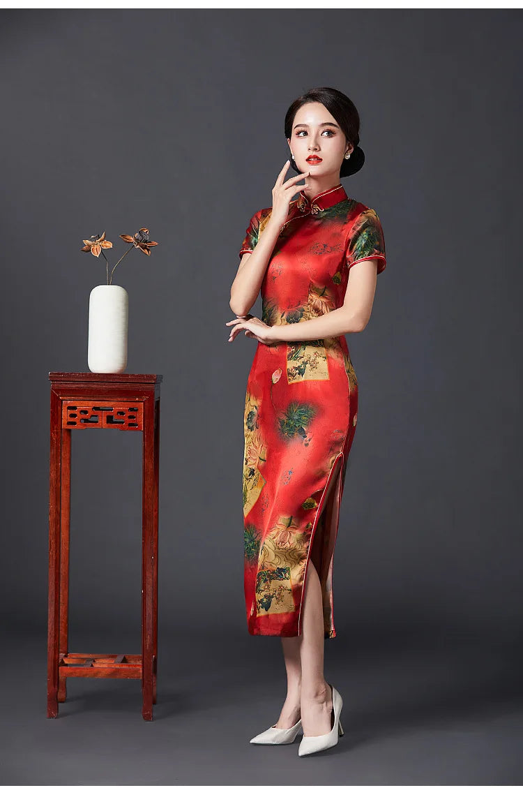 2023 New Vintage Long Cheongsam Women Sexy Slim Split Qipao Classic Chinese Traditional Dress Print Flower Evening Party Dress - Seprincess